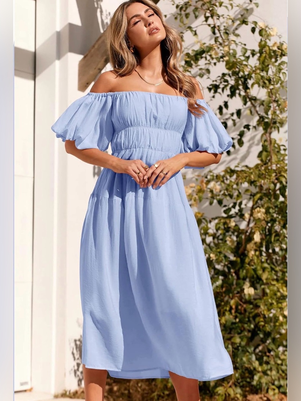 Amazon Light Blue Off-The-Shoulder Maxi Dress with Puff Sleeves